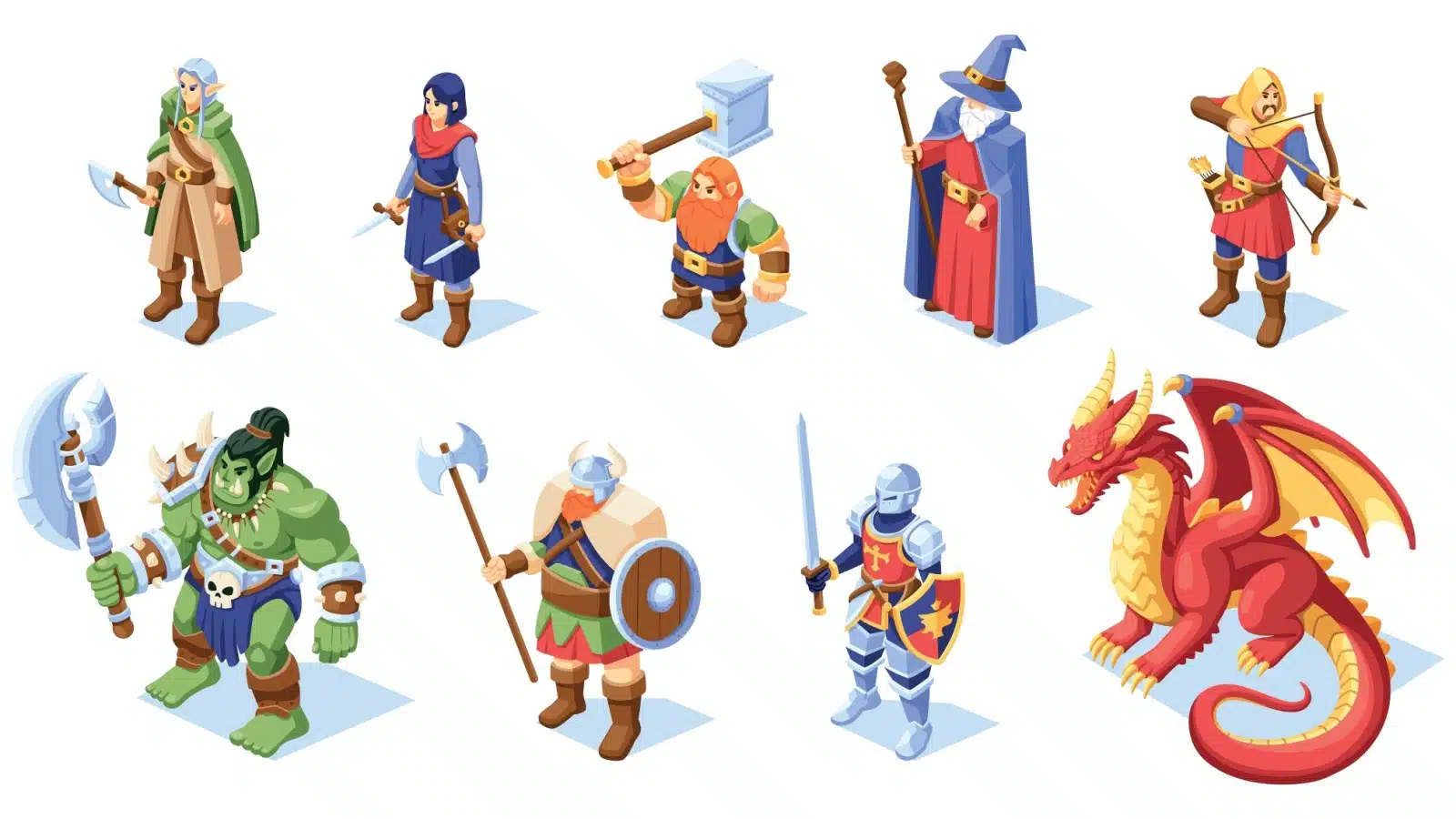 Vector image showing nine examples of fantasy game characters.