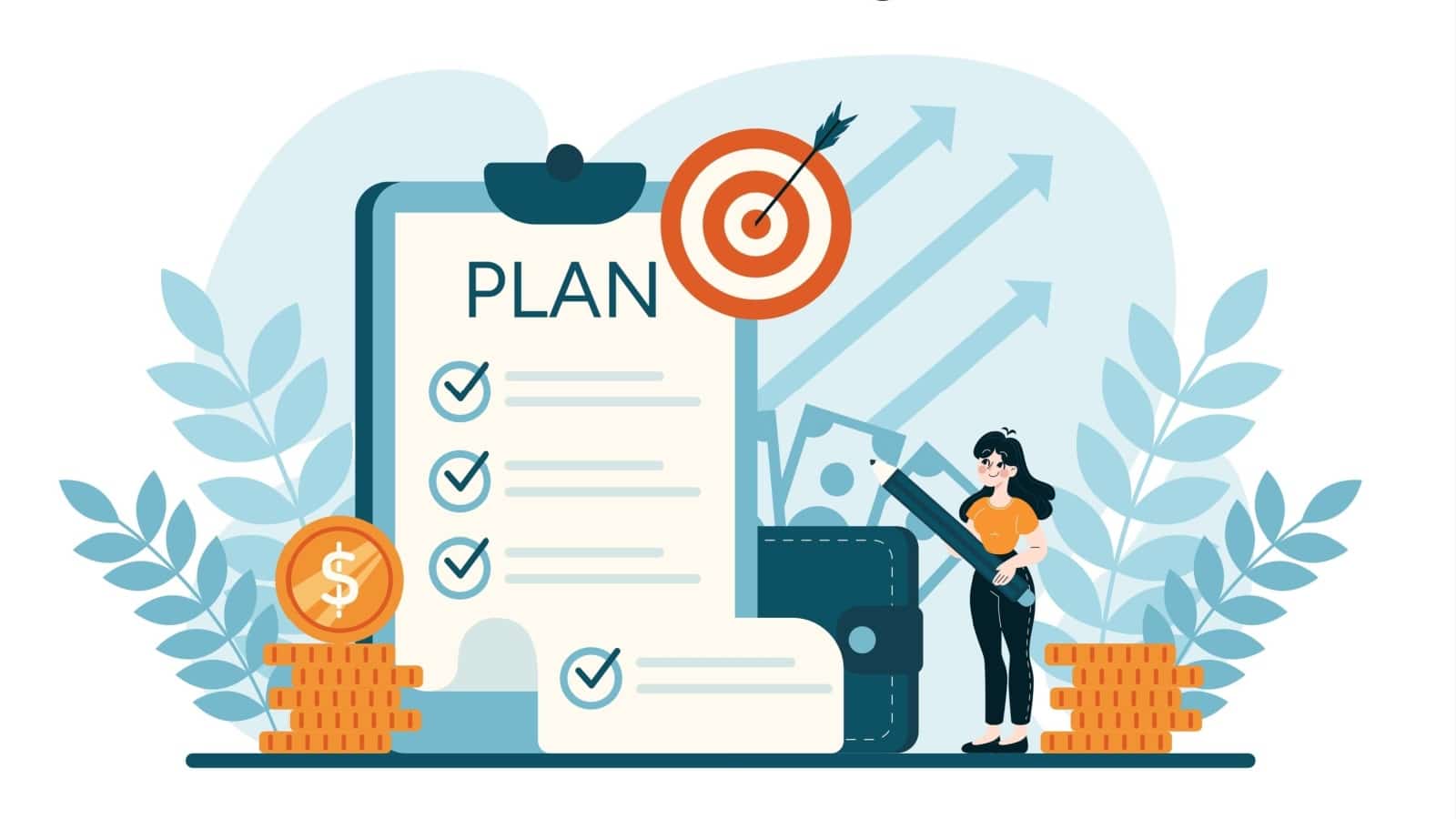 Graphic of a woman outlining her plan for achieving her financial goals.