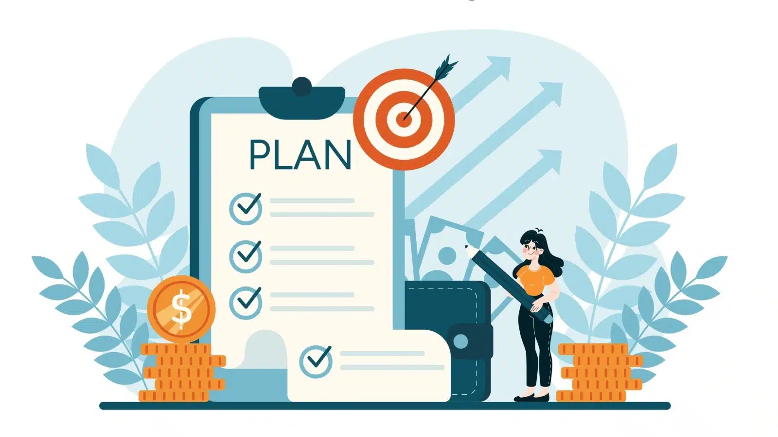 Graphic of a woman outlining her plan for achieving her financial goals.