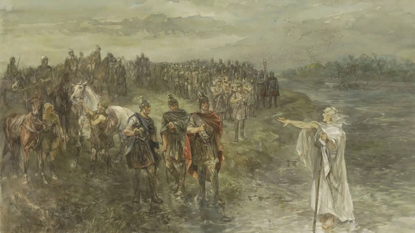 The Roman General Drusus the Germanic and Diviner, by Charles Rochussen, 1890, Dutch watercolor painting. Nero Claudius Drusus Germanicus lead the Roman army against the German barbarians from 13-9 BC. The German Barbarians were likely Celtric people.