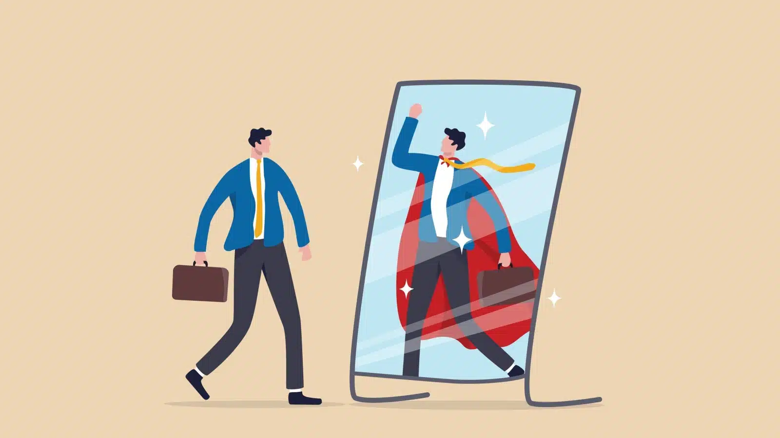Illustration of a man looking in the mirror, seeing himself as superman, to represent how to believe in yourself.