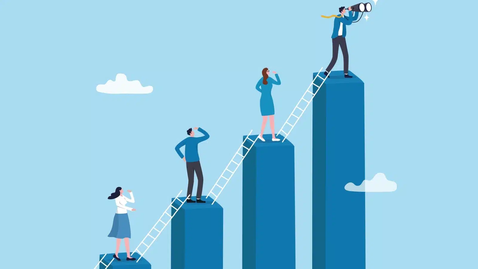 Cartoon representing career ambition. People stand atop bars of different heights, looking forward to growth.