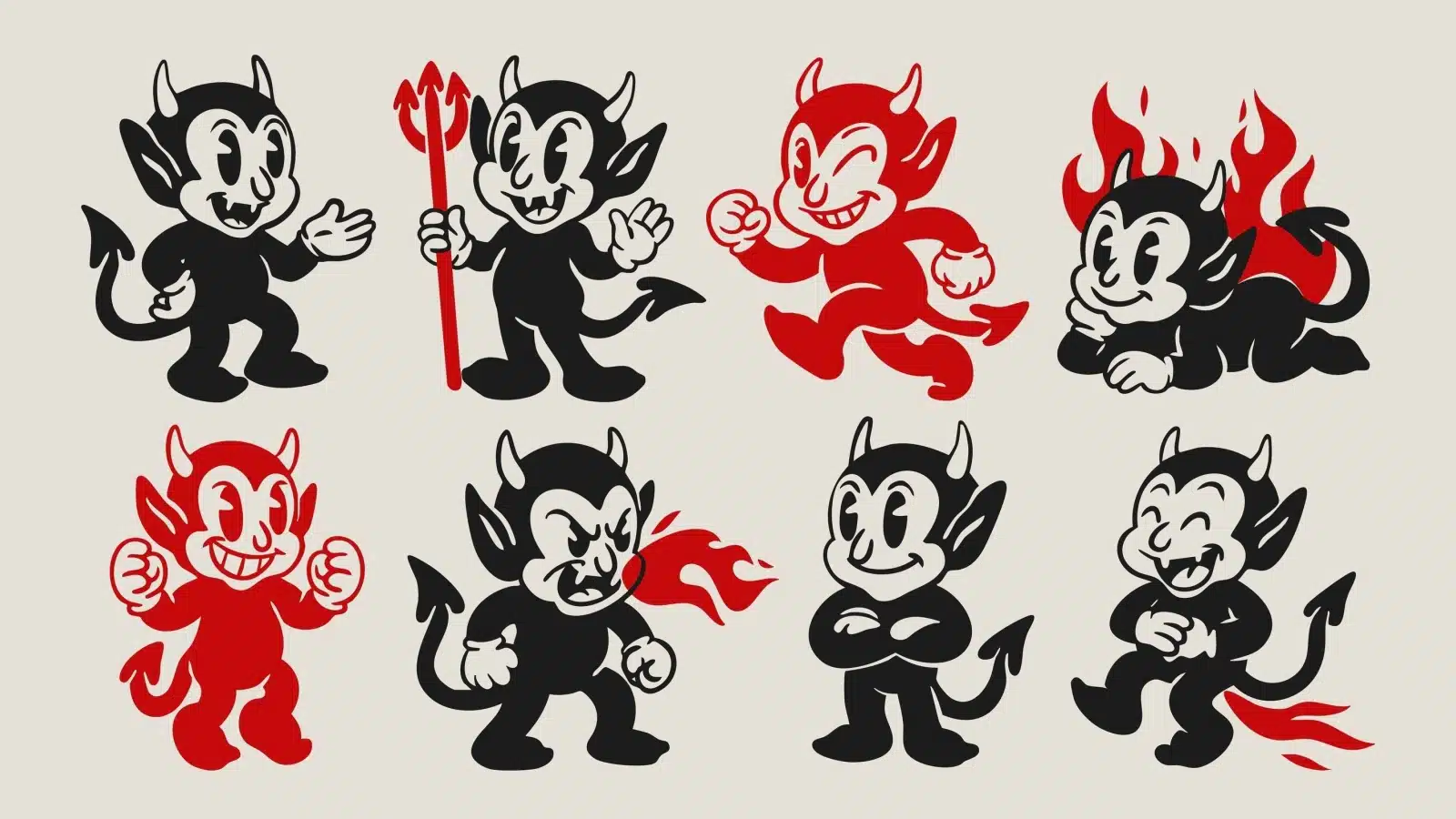 Cute little devil characters delighting in their evil ways.