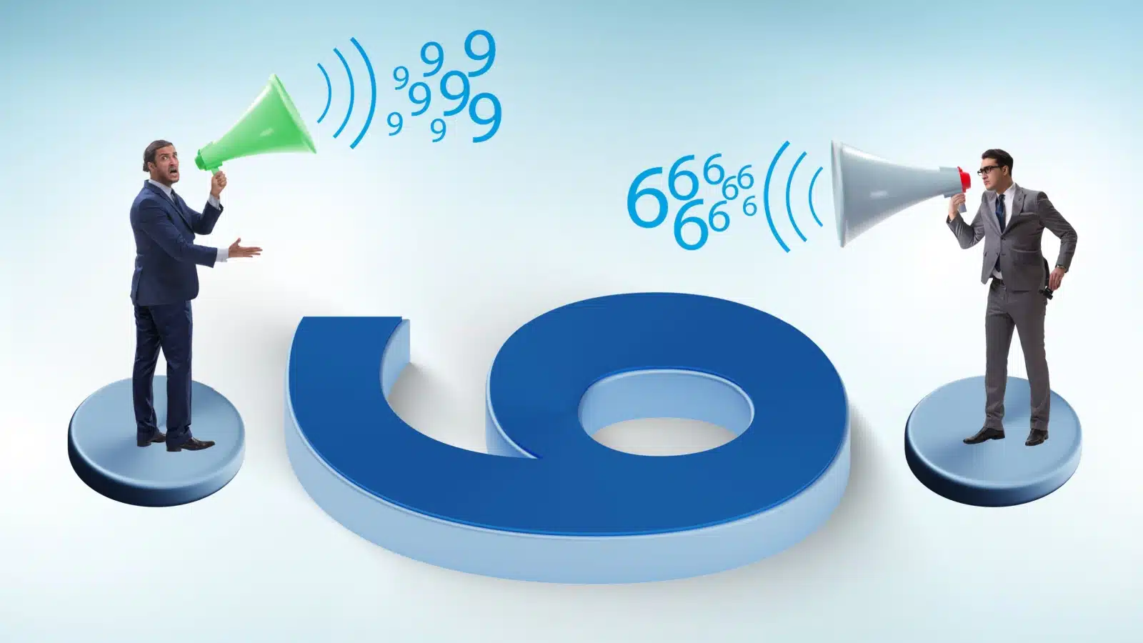 A graphic representing a difference in values. One person stands at the top of a number, yelling that it's a nine, while another stands at a bottom, yelling that it's a six.