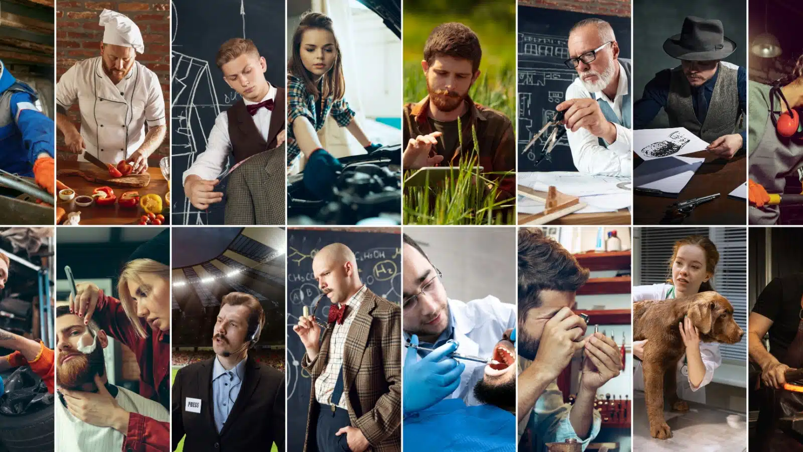 A collage of different people working various jobs.