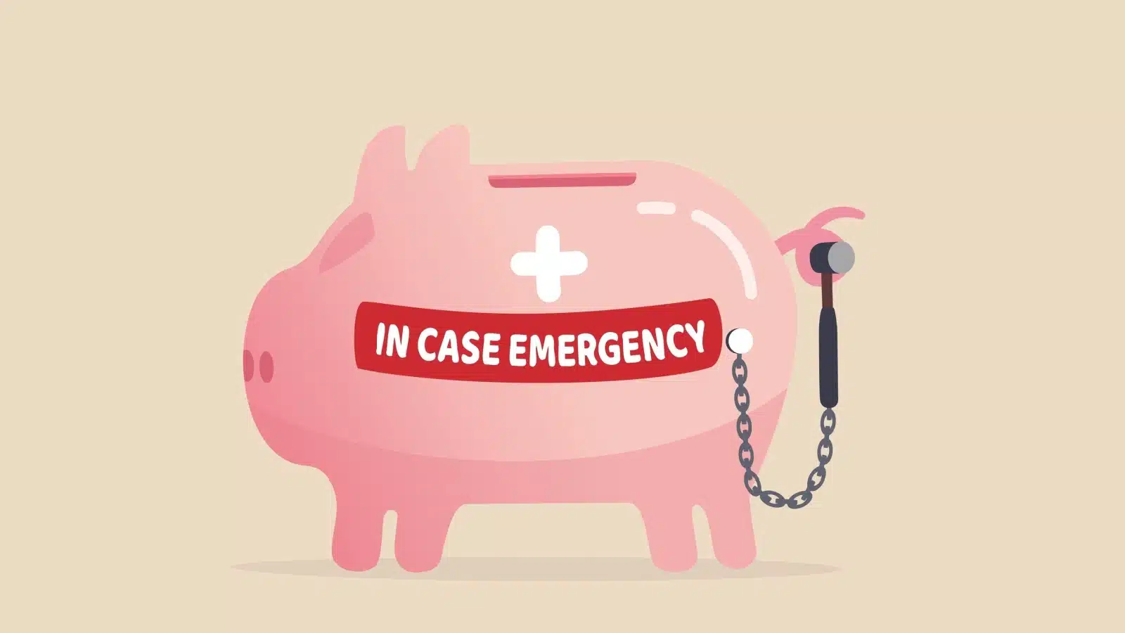 Illustration of a piggy bank with a red banner that says "in case of emergency" attached to a little hammer.