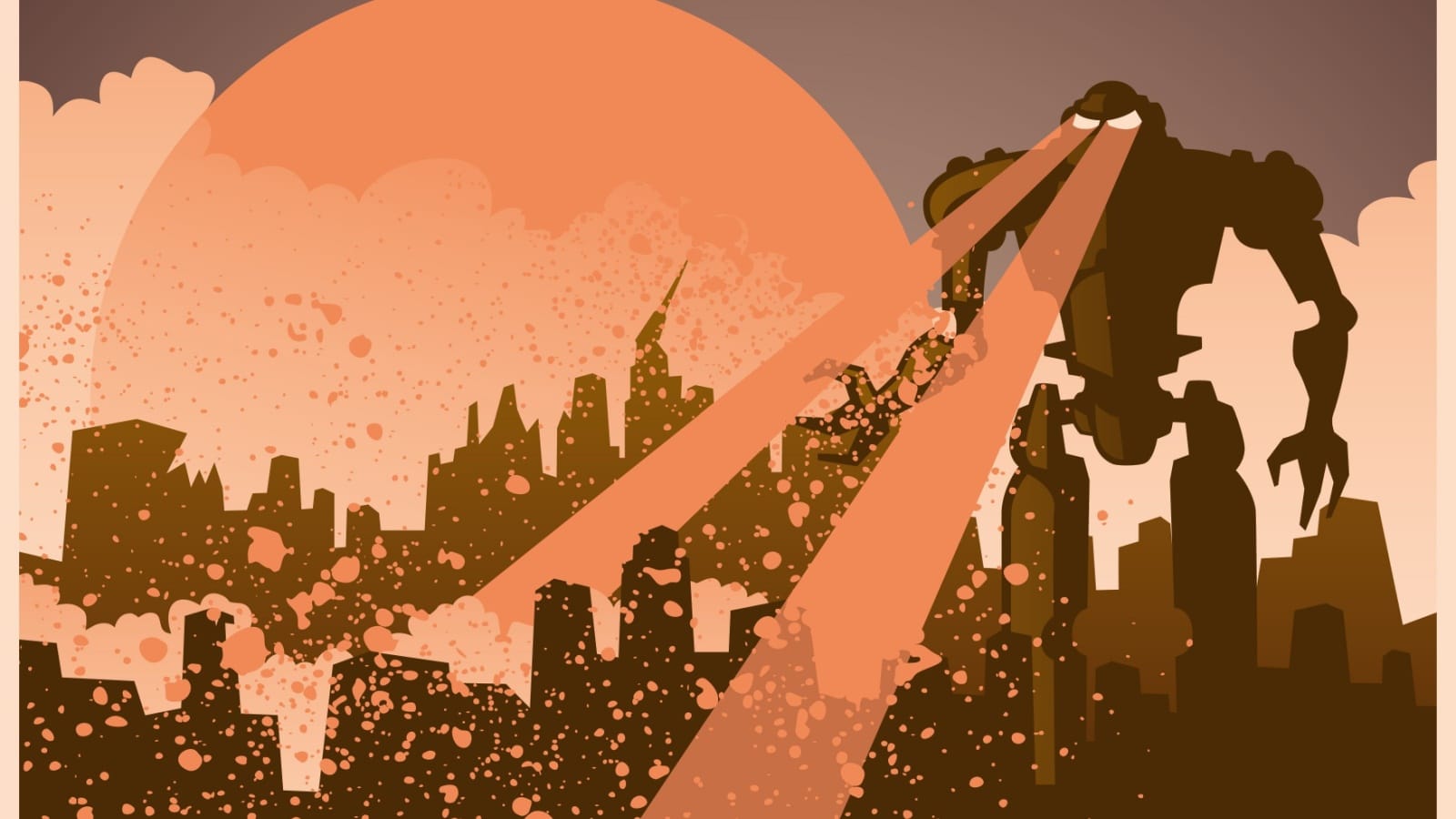 A giant evil robot destroys an entire city to represent the chaotic evil D&D character alignment.