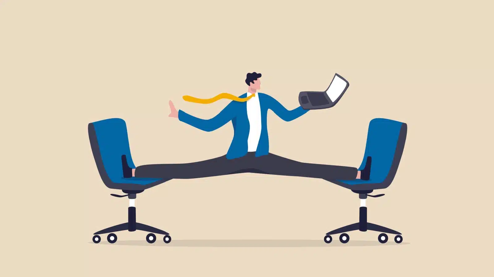 Graphic of a businessman doing a split over two office chairs to represent flexibility as an interpersonal skill.