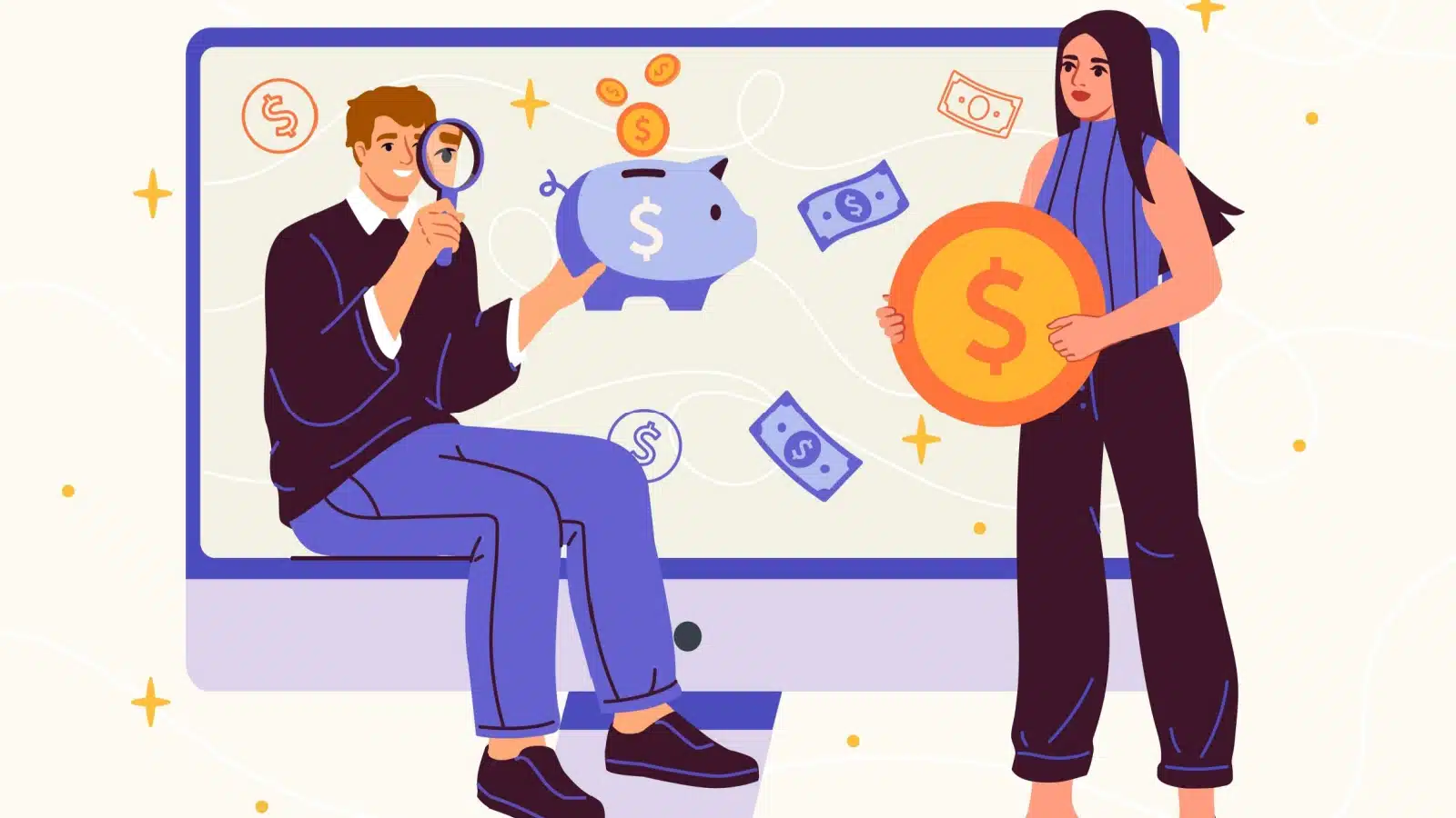 Cartoon showing frugal people examining their savings.