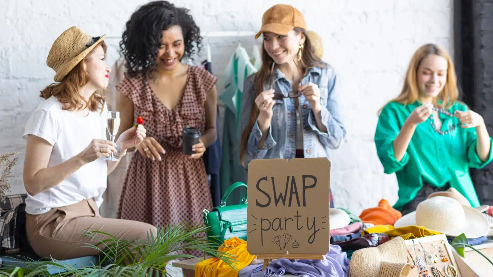 Frugal women enjoying a swap party - one way of living well on a lean fire budget.