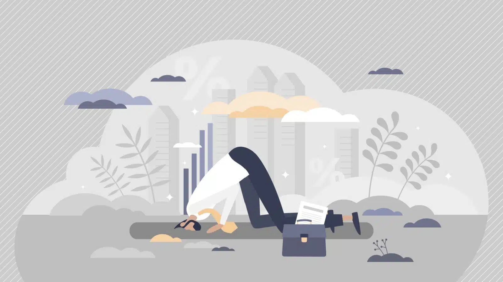 Cartoon of a businessman sticking his head in the sand to ignore his problems.