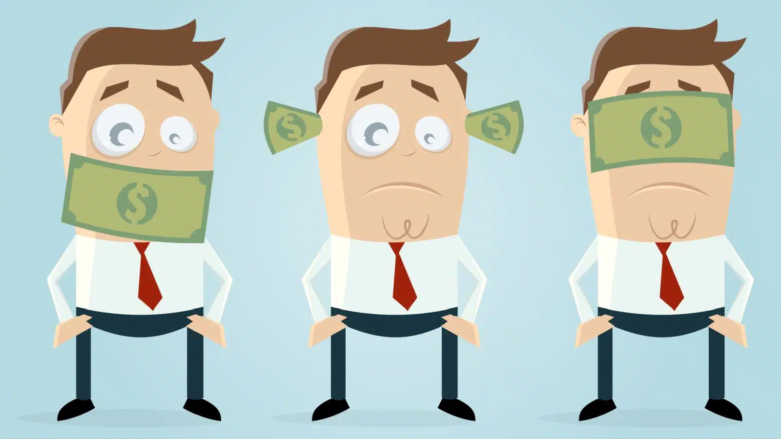 Cartoon featuring 3 images of a businessman. One has a dollar bill covering his mouth, one has dollar bills shoved in his ears, and the third has a dollar bill covering his eyes. The image is a play on the famous "speak no evil, hear no evil, see no evil" but adapted to represent ignoring money problems.