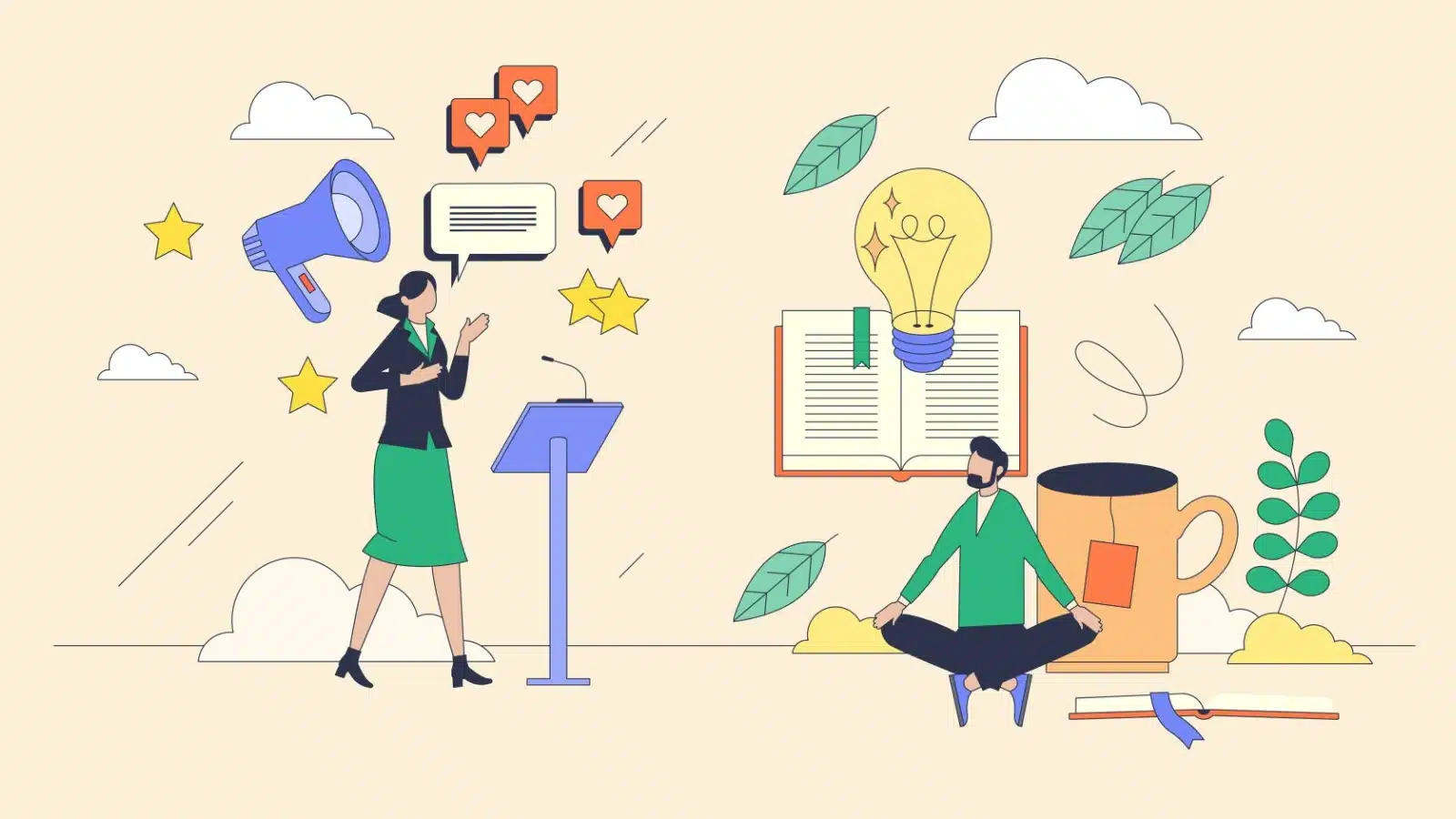 Graphic featuring an extroverted person giving a presentation, and an introverted person sitting quietly to represent introvert vs. extrovert.