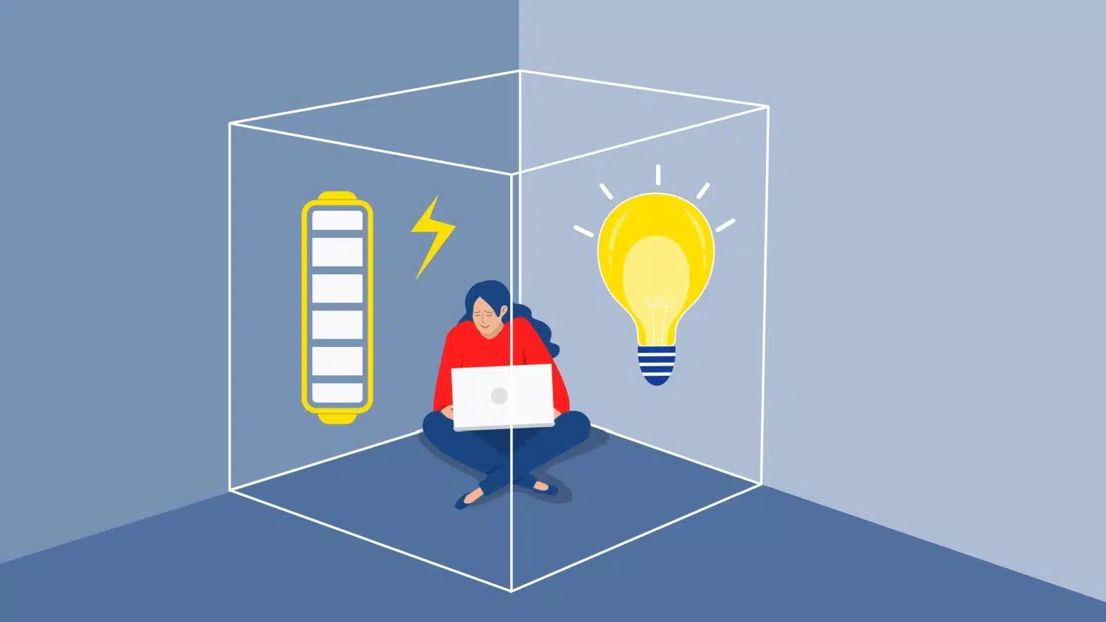 Graphic illustrating the true definition of an introvert. A woman sits in a box, alone, as her energy meter charges.