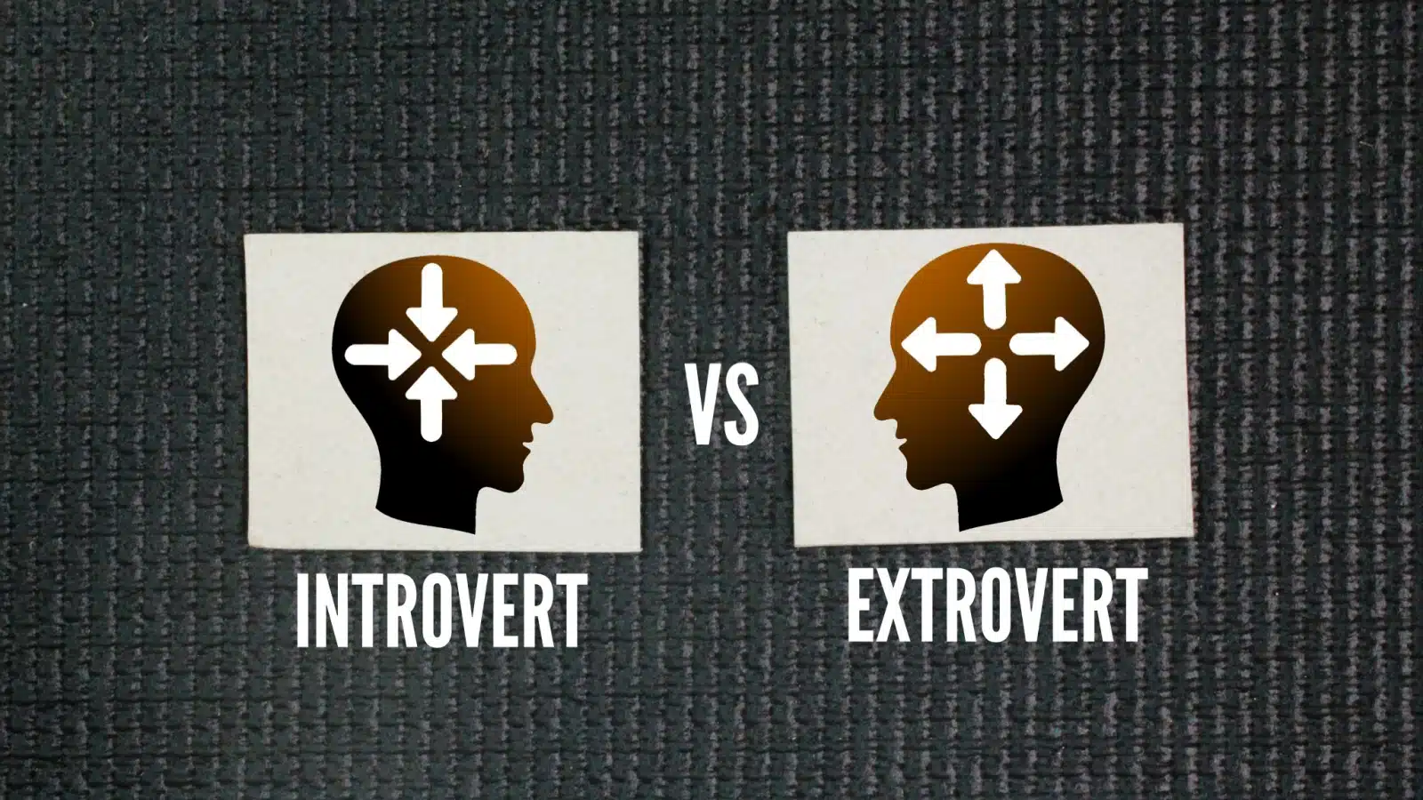 A simple illustration highlighting the main difference between introverts and extroverts. Two plain heads are on a dark background. The introvert head has arrows pointing within, while the extrovert head has arrows pointing outside.