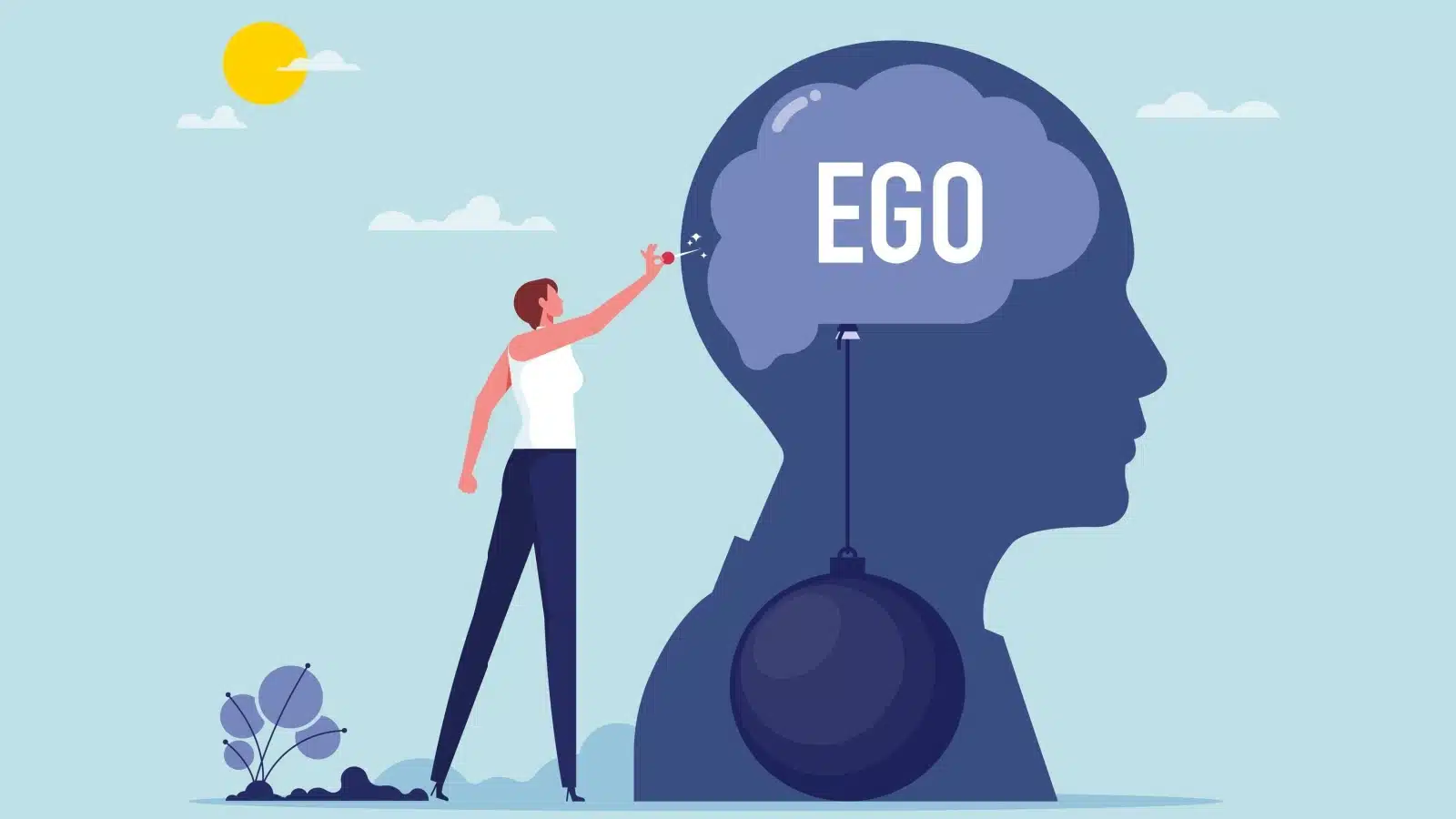 Graphic of a woman symbolically popping her ego.