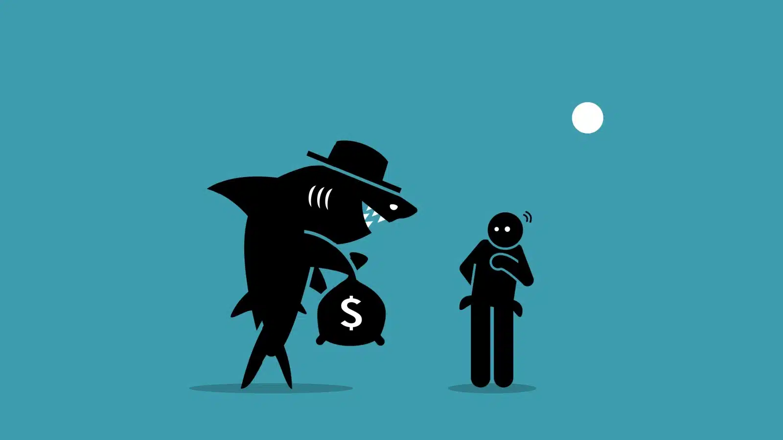 A cartoon loan shark approaches a poor man with a bag of money to represent the worst options for personal loans.