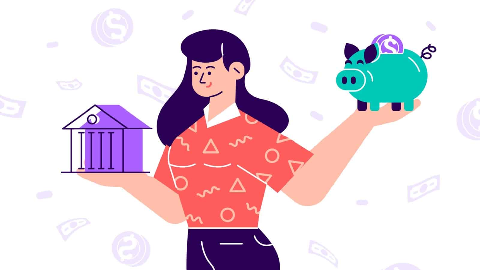 Graphic of a woman holding a piggy bank in one hand and an investment bank in the other, trying to decide what to do with her money.