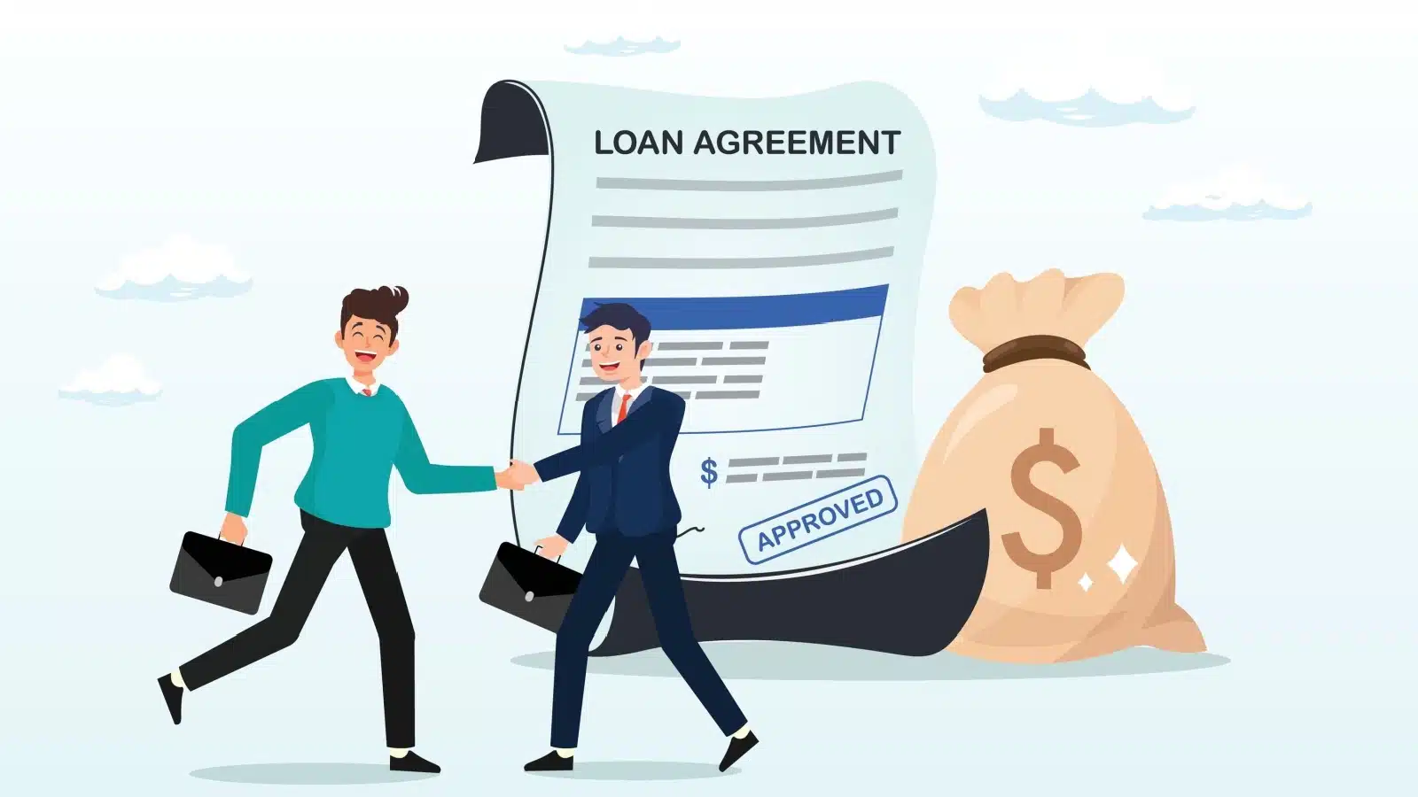 Cartoon showing a banker shaking hands with a client after signing a personal loan agreement.