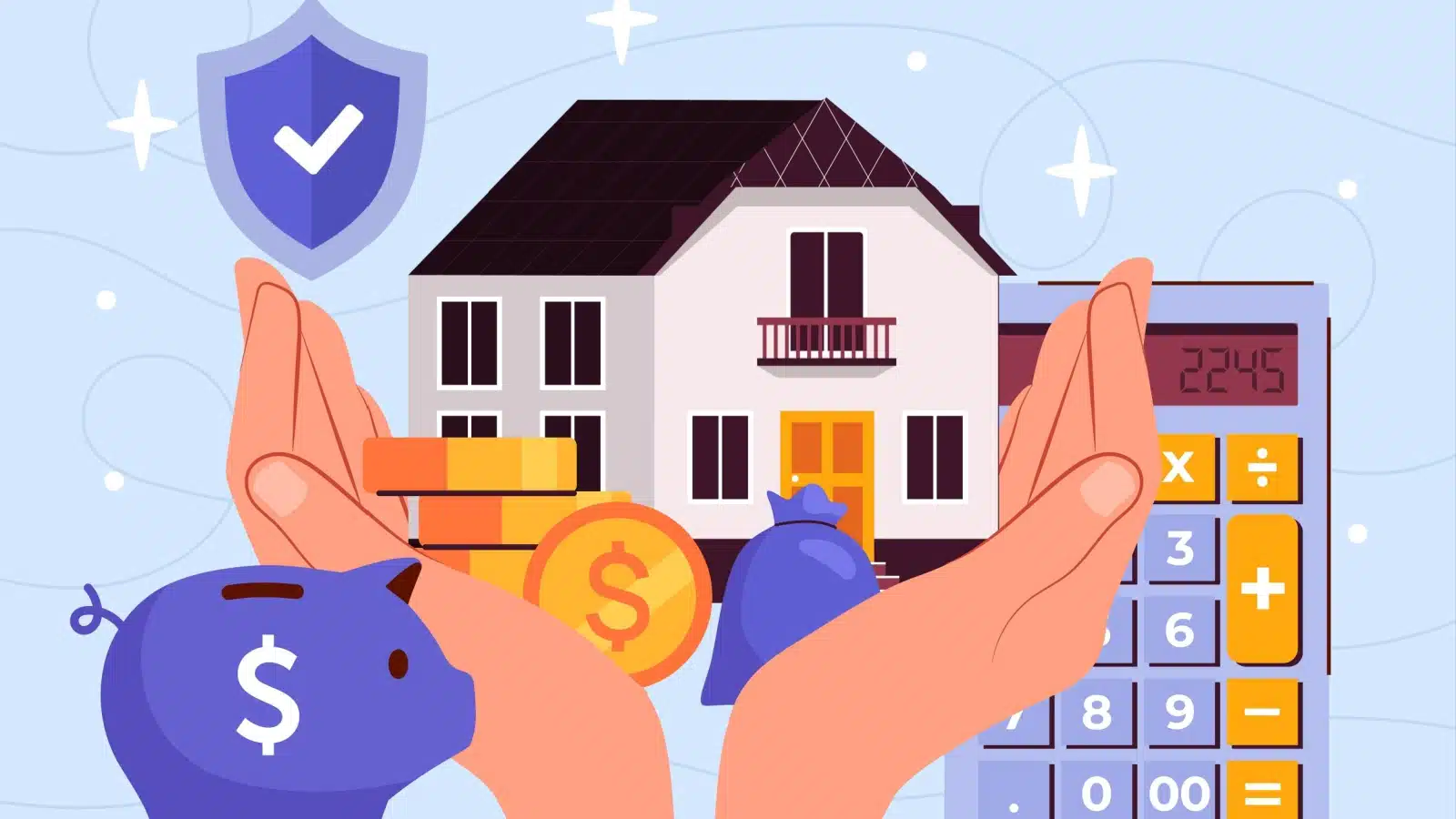 Cartoon showing hands protecting a home, surrounded by money.