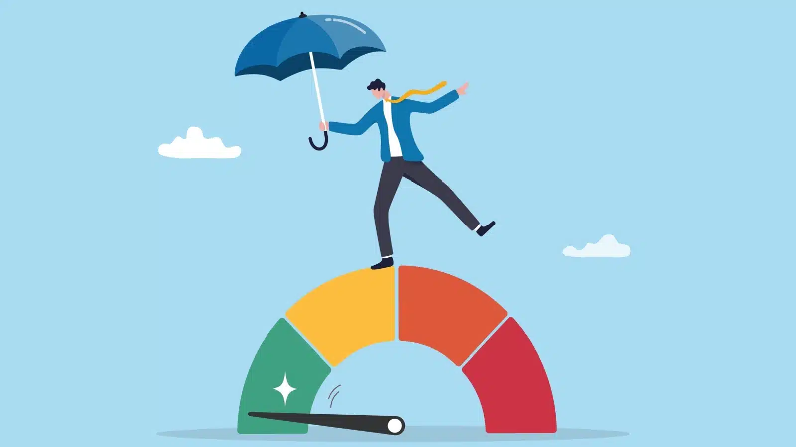 Graphic of a man holding an umbrella while standing on a risk gauge to represent risk tolerance.