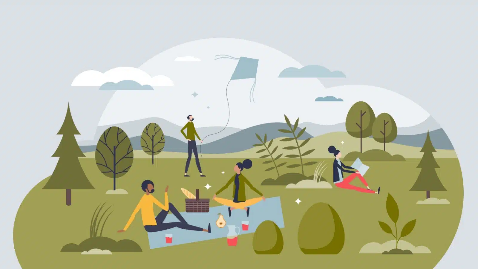 Cartoon showing people living a simple, minimalist lifestyle. They're all enjoying themselves.