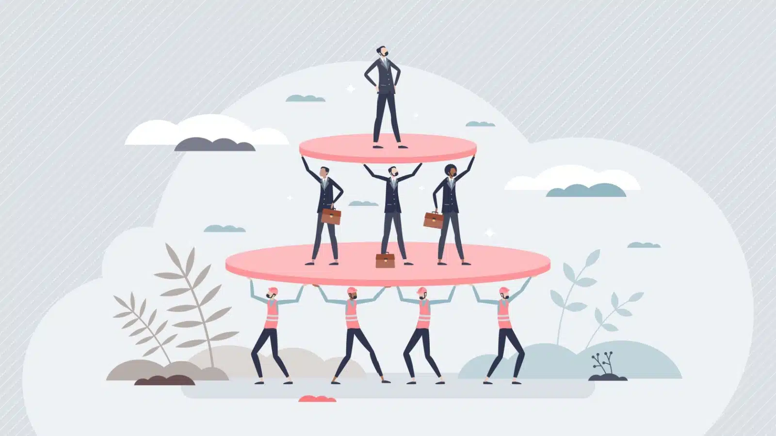 Graphic illustrating society's social hierarchy. The wealthy owner stands along on the top level, white collar workers in the middle hold him up, and blue collar workers at the bottom hold the entire thing up.