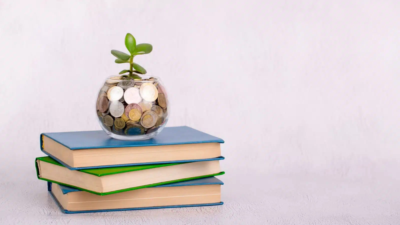A jar of coins rests atop three books to represent the best personal finance books.