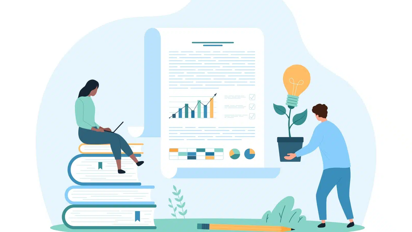 Illustration of a woman sitting on a pile of books while a man plants a lightbulb tree, with a giant financial statement in the middle. The image represents learning financial literacy.