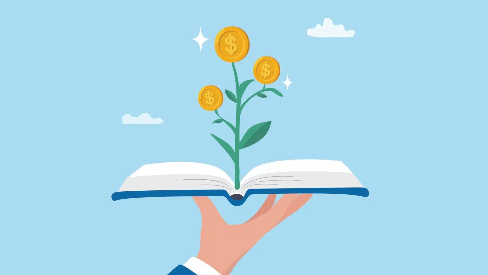 Illustration of a money tree growing out of an open book to represent books about building wealth.