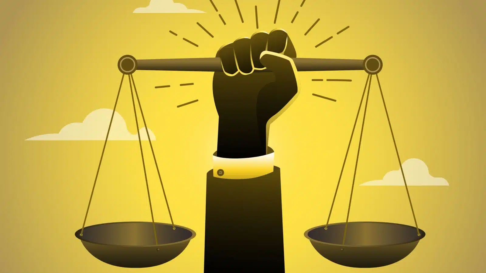 A graphic of a justice arm holding up a scale to represent checks and balances. 