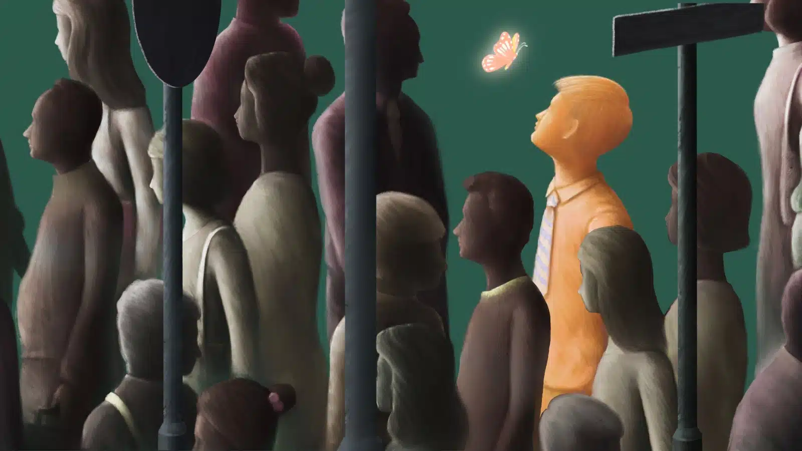 Concept art representing hopeful idealism. A glowing shining man looking at a butterfly stands out among a group of drab people.