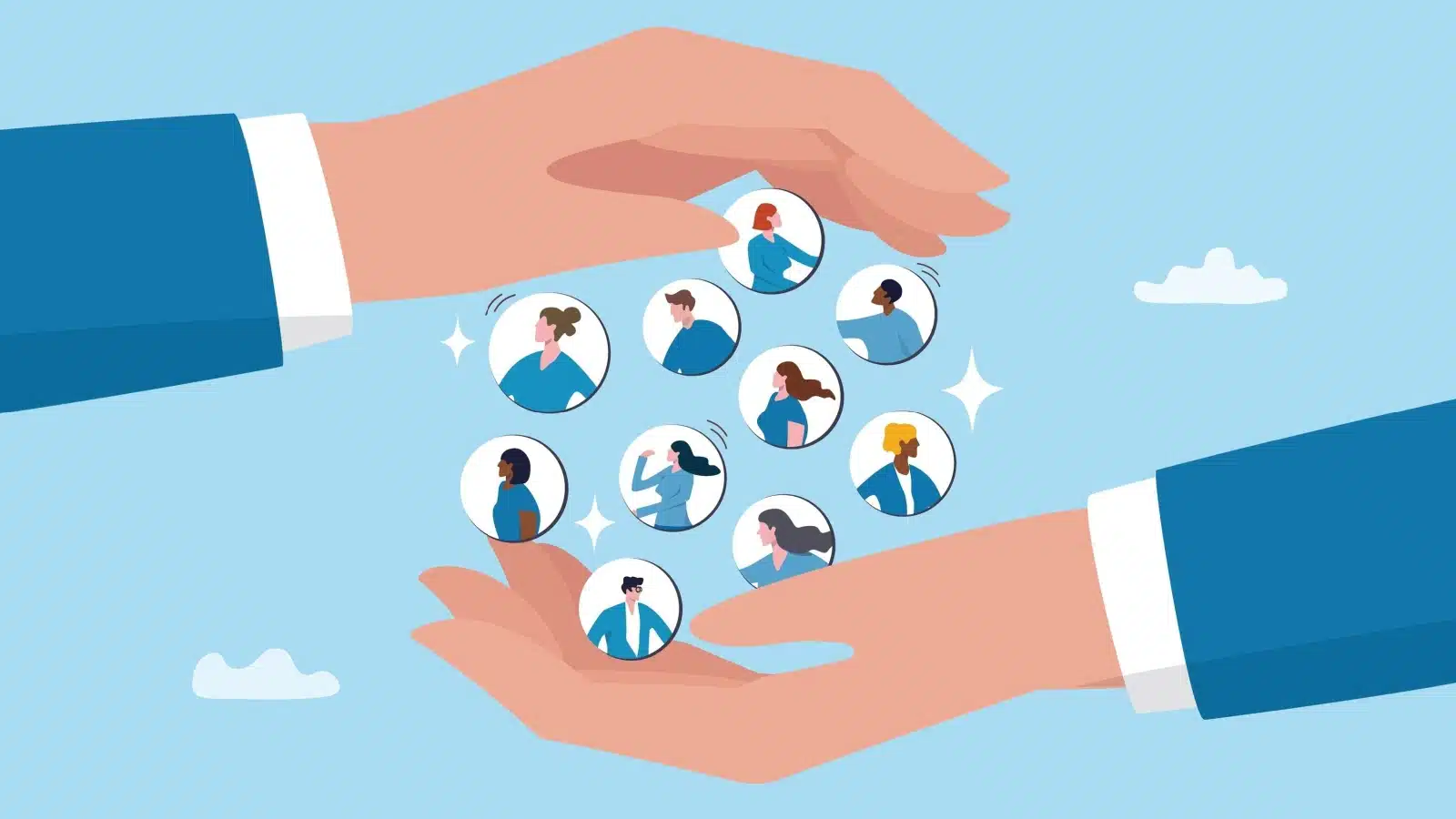 Business hands hold images of consumers to highlight how customers are the product.