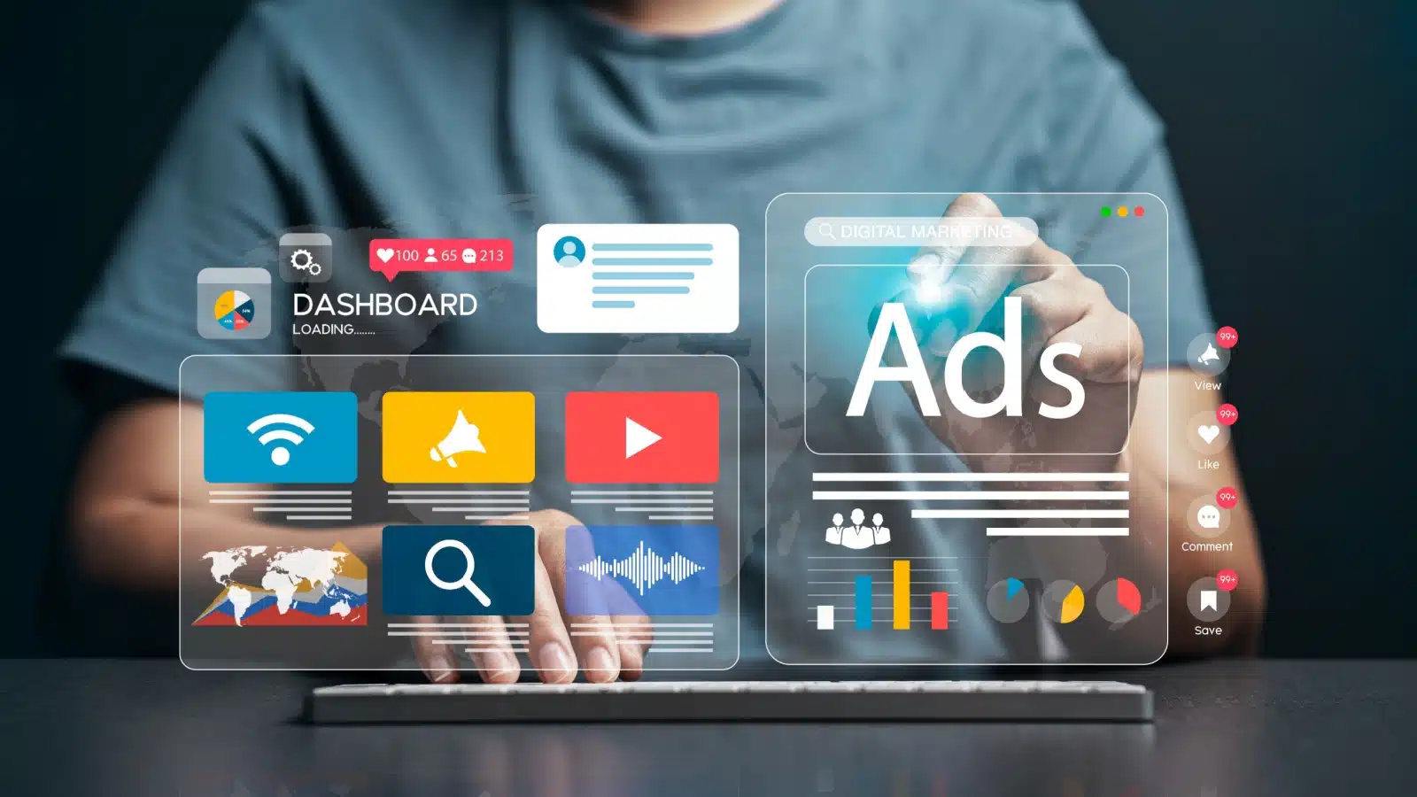 A display featuring online ads comes out of a laptop to represent digital marketing.