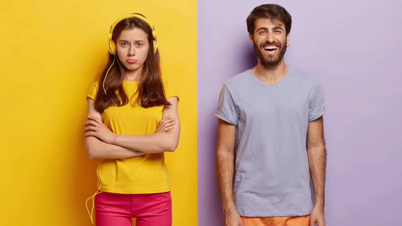 A happy man standing next to a frowning woman to represent double standards for men and women.