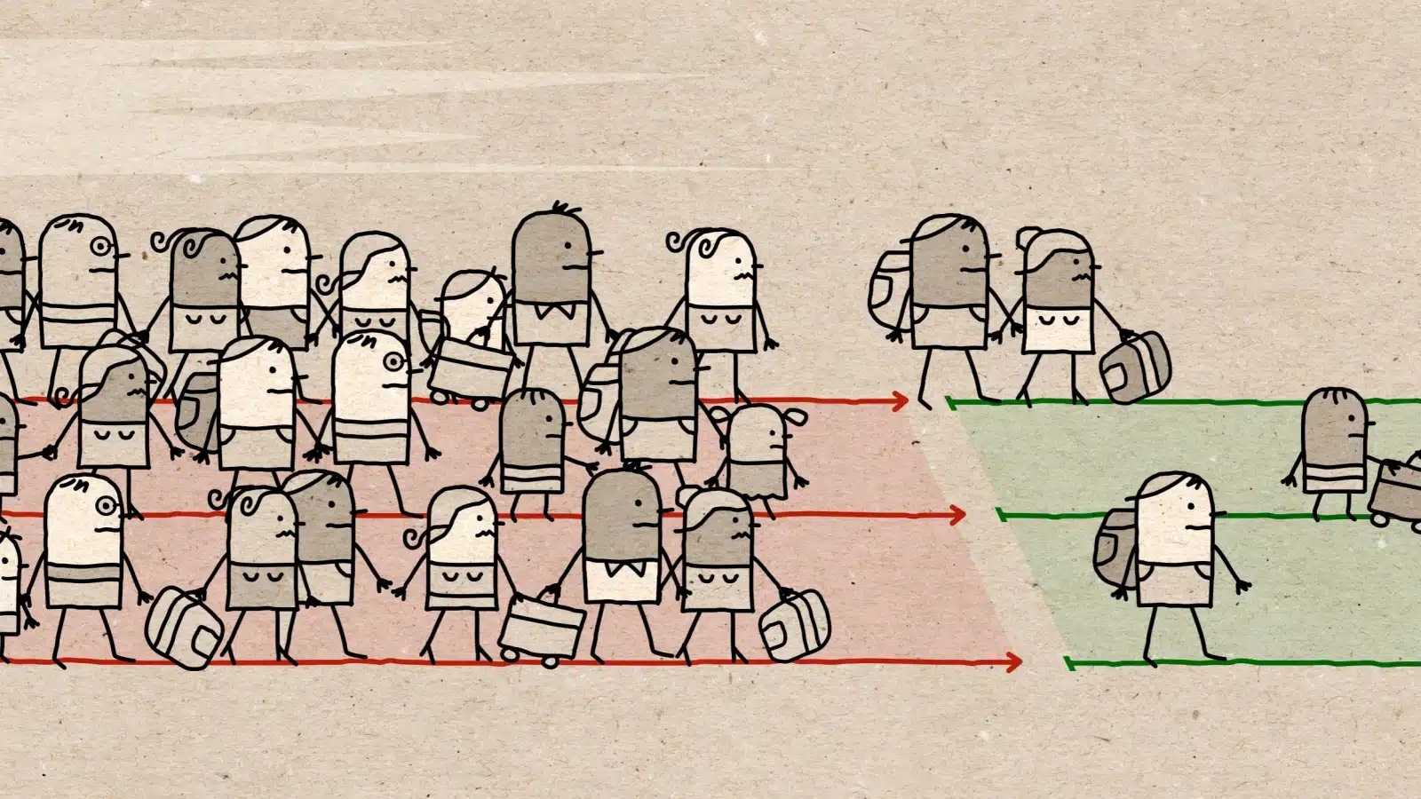 Illustration of people migrating from the red to the green, to represent escaping poverty.