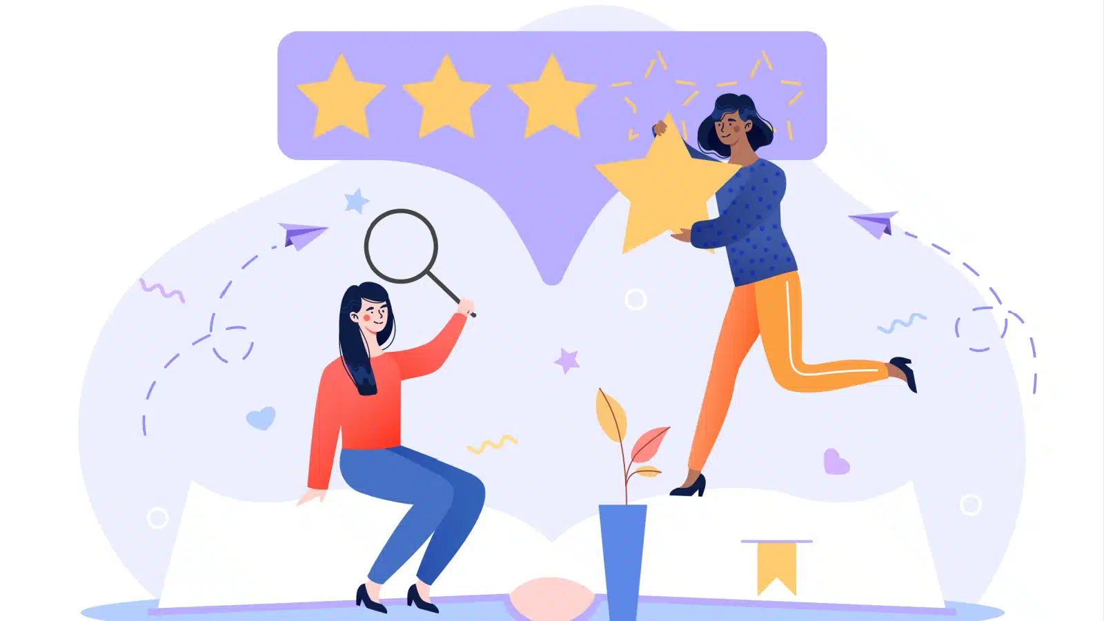 Graphic of a woman adding stars to her book review.