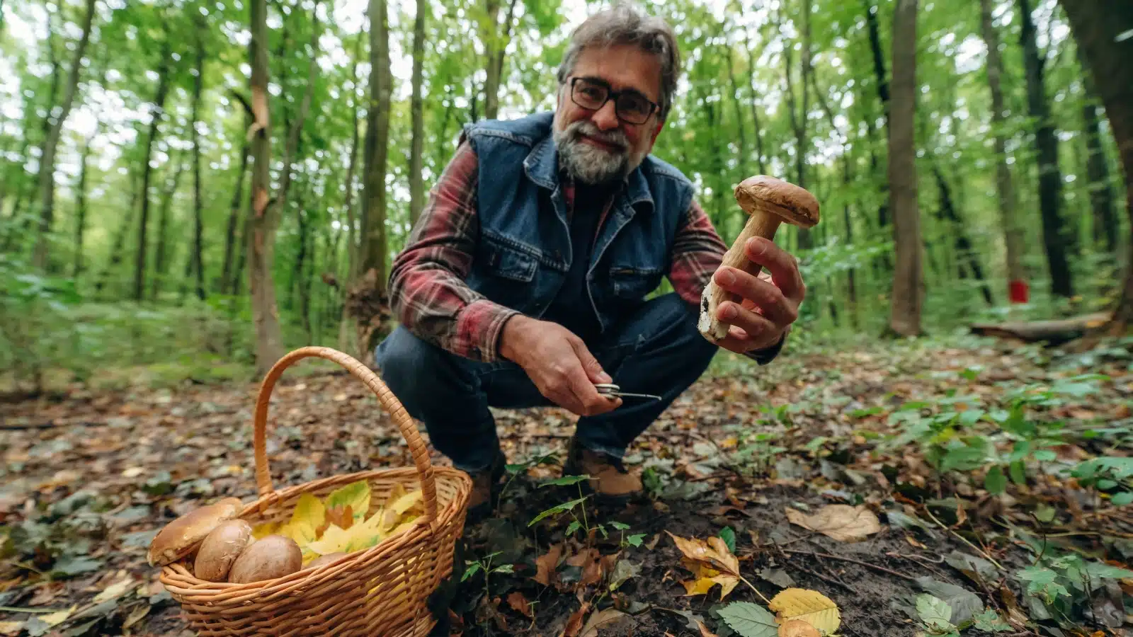 A man foraging mushrooms.