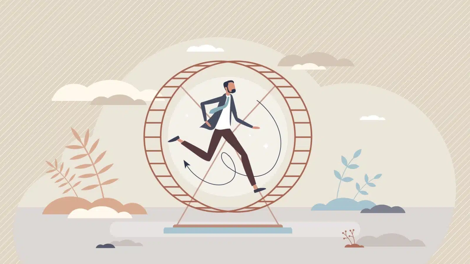 Graphic of a business man running in place on a giant hamster wheel.