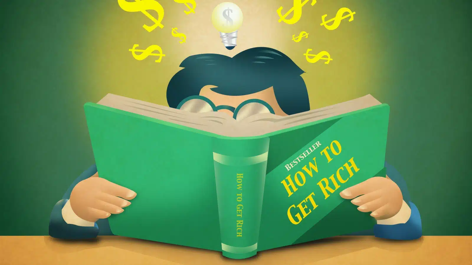 Concept art of a how to get rich book. The Cartoon features a man reading a plain book titled "How to Get Rich."