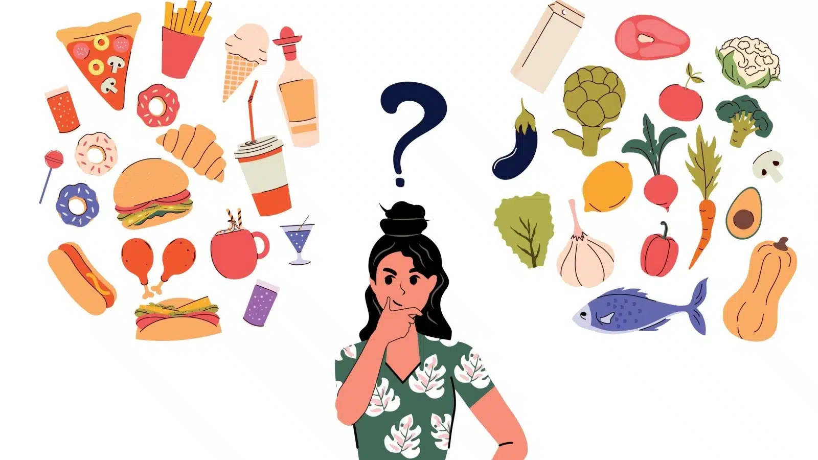 Cartoon of a woman choosing between a pile of junk food and a pile of healthy food, to represent how to stop spending money on junk food.