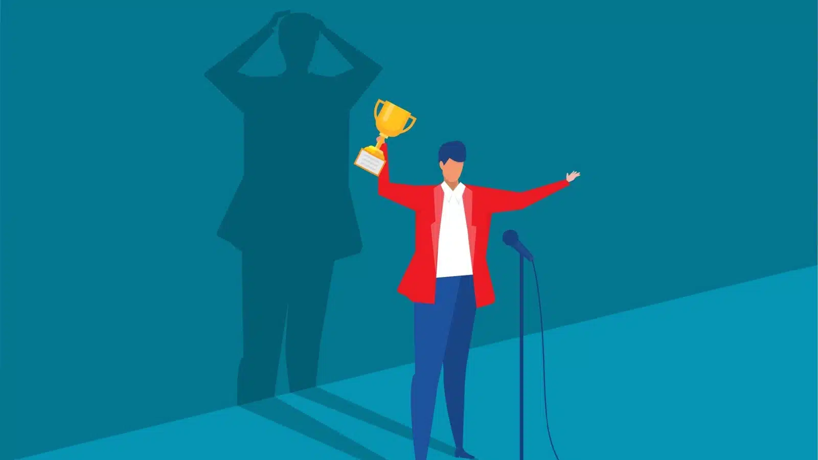 Illustration of a man receiving an award, but his shadow looks scared because he's struggling with imposter syndrome.