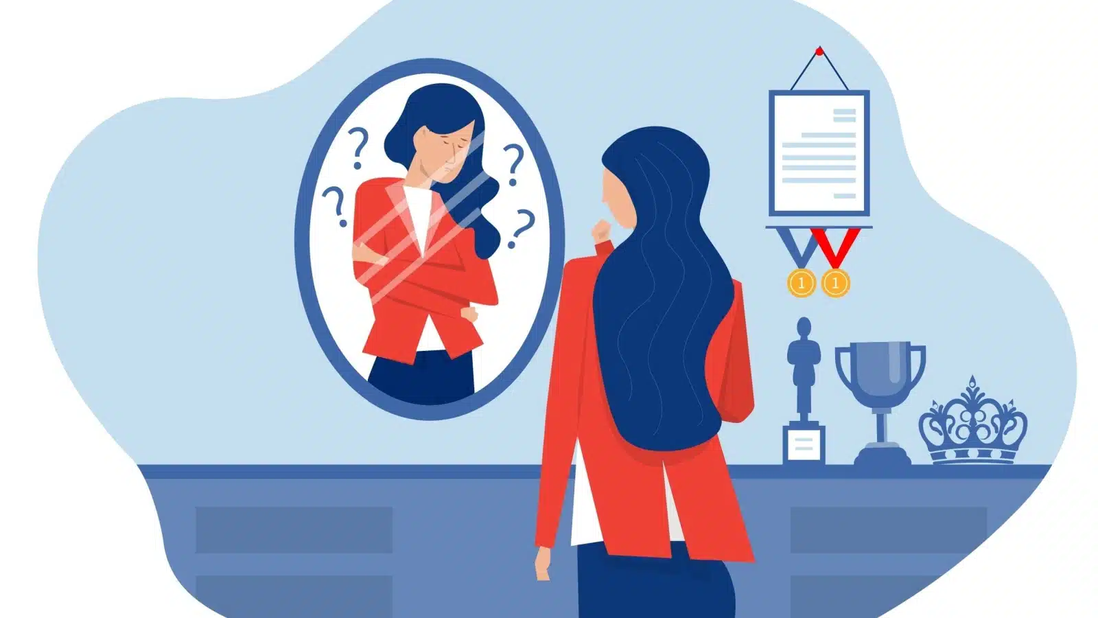 Illustration representing imposter syndrome. A woman has trophies on the wall, but she still questions herself when she looks in the mirror.