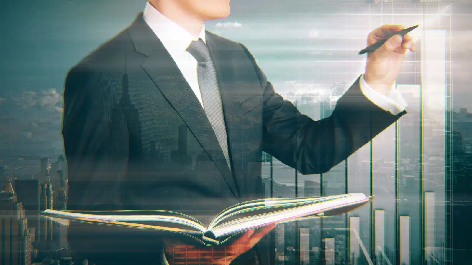 Close up of an investment banker holding a book open while drawing on a giant stock chart to represent books about investing.