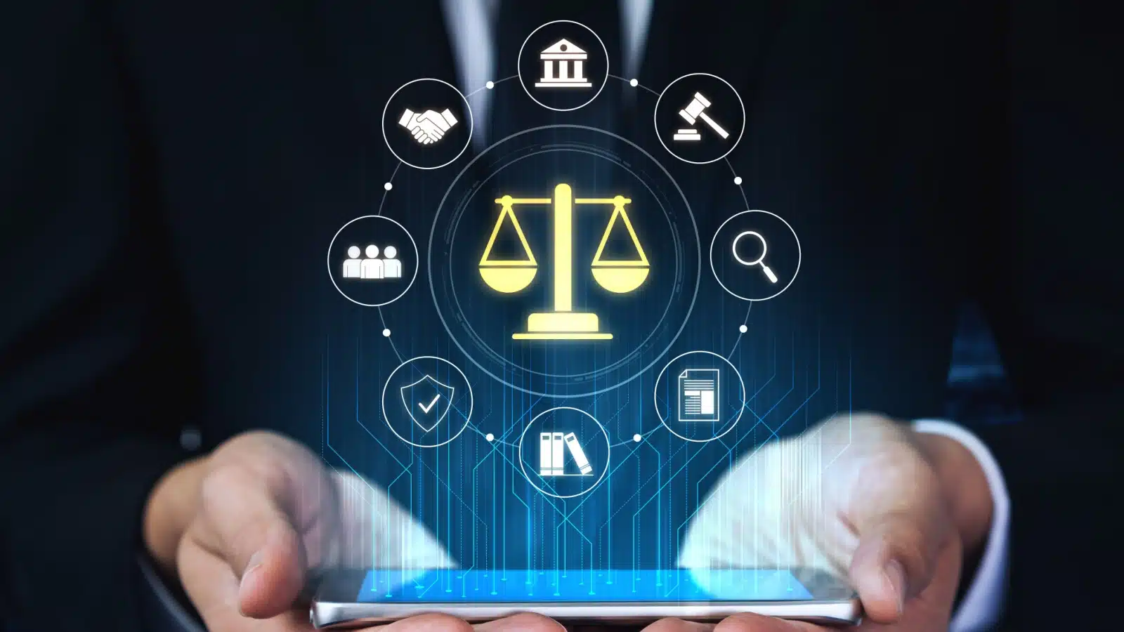 A man holds a phone projecting icons that represent the justice system.