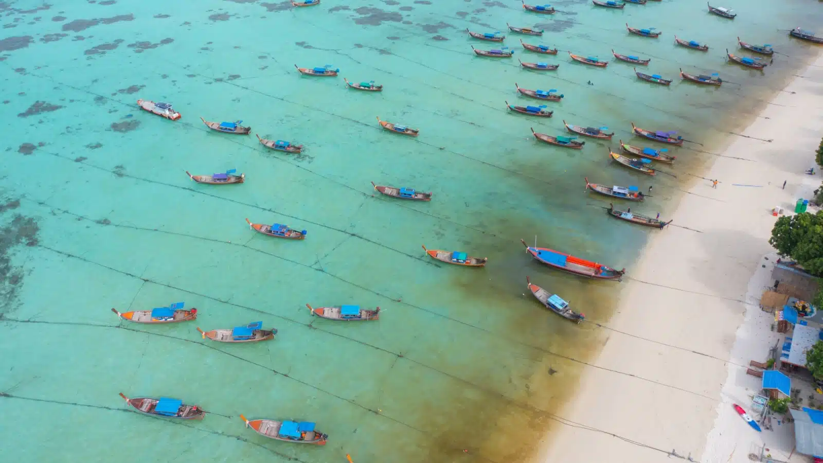 Aerial view featuring lines of long boats in a harbor.
