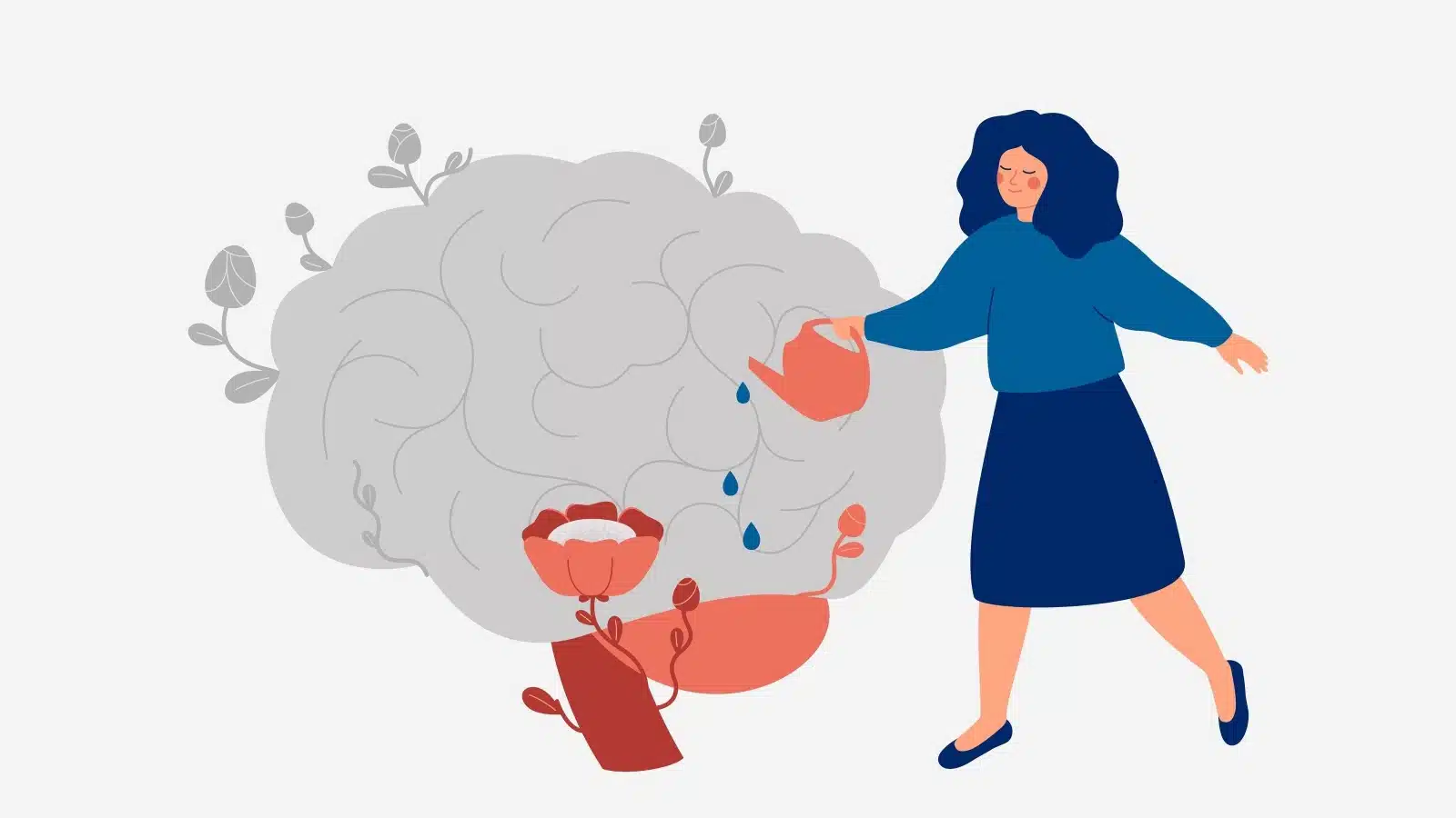 Illustration of a woman watering her brain to represent mindfulness and caring for your mental health.