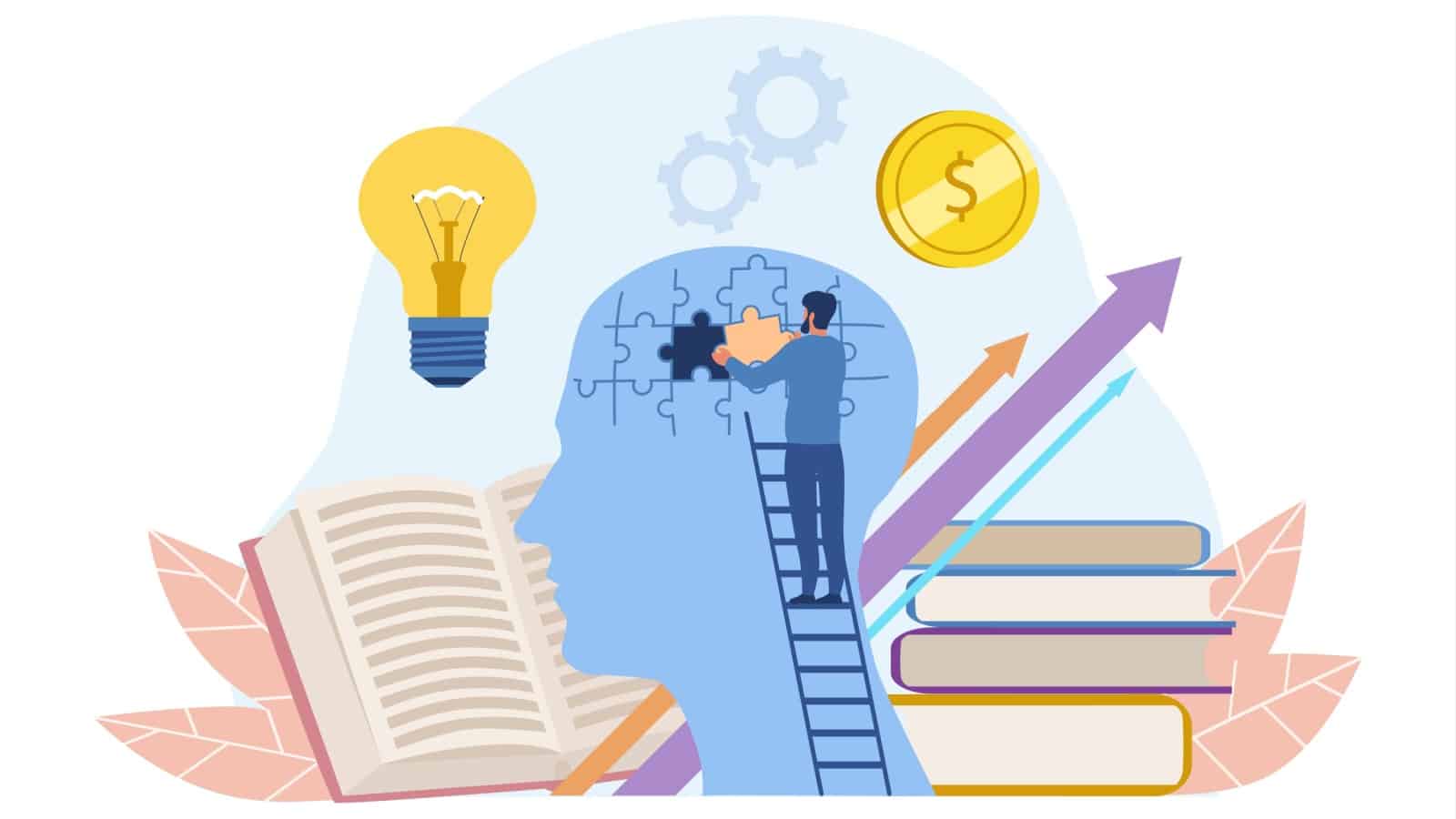 Graphic representing personal development and self help books. A man climbs a ladder to his head, filling in the empty puzzle piece. The head is surrounded by books, highlighting that he found the missing piece by reading.