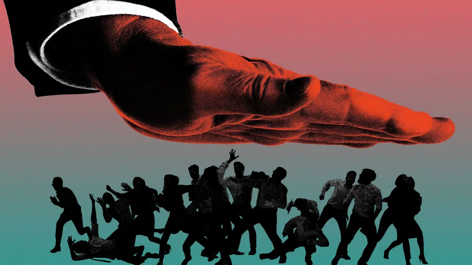 Concept art of a giant hand pressing down on a crowd of people to represent how political systems can suppress the population.