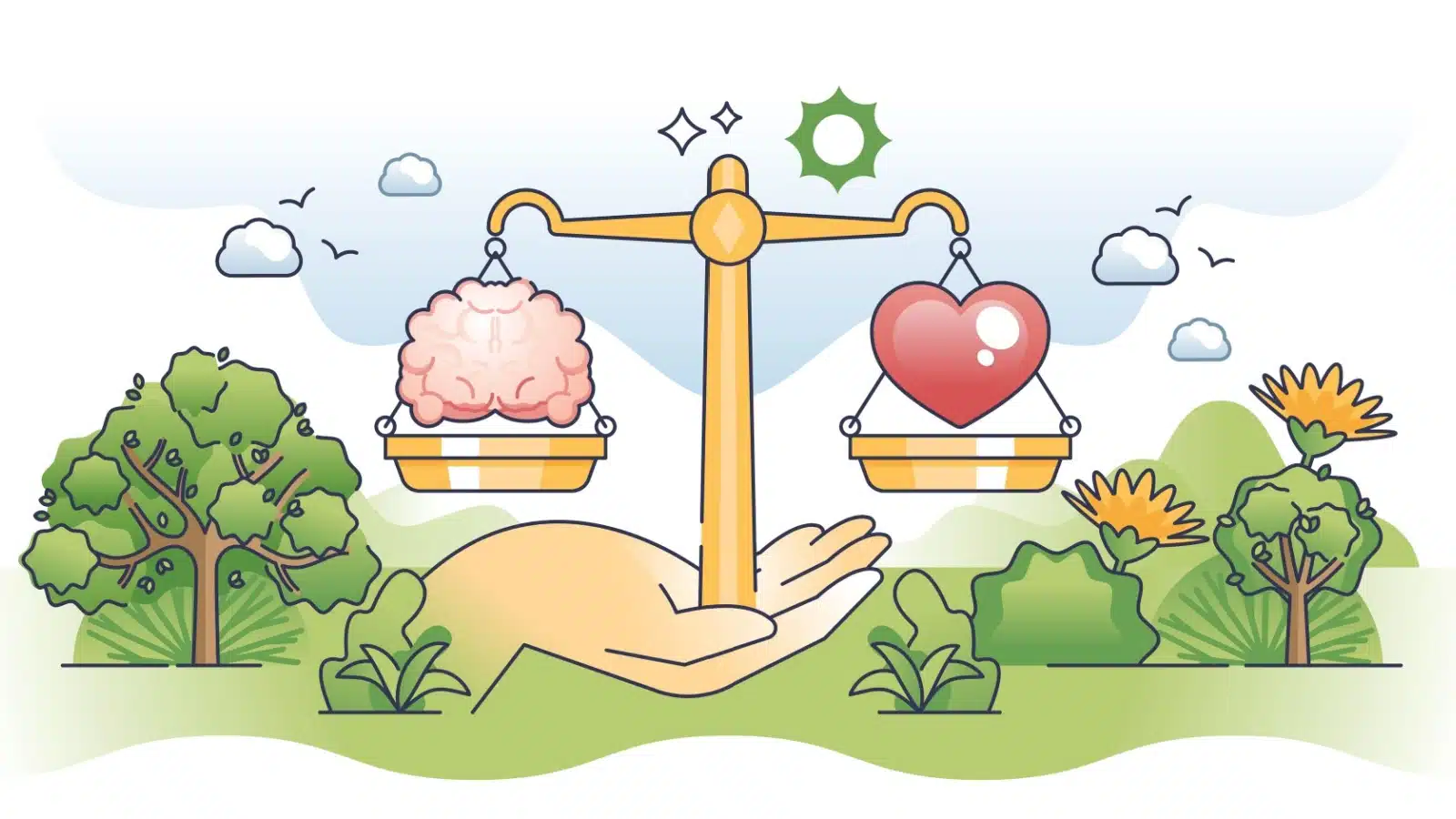 A hand in a forest holds a giant golden scale with a heart on one side and a brain on the other, to represent balancing pragmatism and idealism.